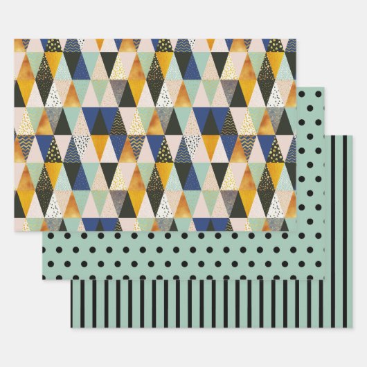 ティール(緑がかった色)ブラック金ゴールド幾何学的水玉模様ストライプ ラッピングペーパーシート (セット)