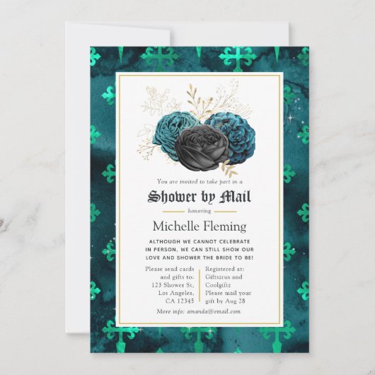 ティール(緑がかった色)、ブラック、および金ゴールドフローラブライダルシャワー(メール別) 招待状 (正面)