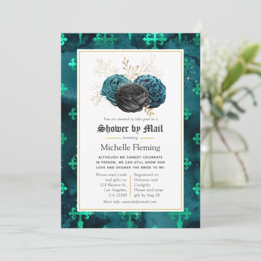 ティール(緑がかった色)、ブラック、および金ゴールドフローラブライダルシャワー(メール別) 招待状 (スタンド正面)