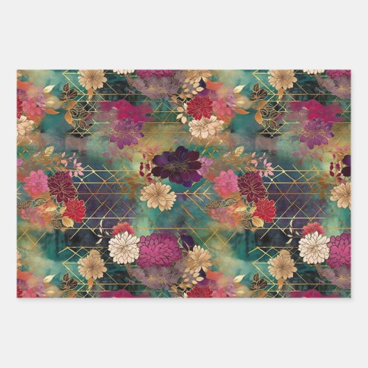 ティール（緑がかった色）、ブラック&クリームデコページの劇的なフローラ ラッピングペーパーシート (正面3)