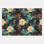 ティール（緑がかった色）、ブラック&クリームデコページの劇的なフローラ ラッピングペーパーシート (正面)