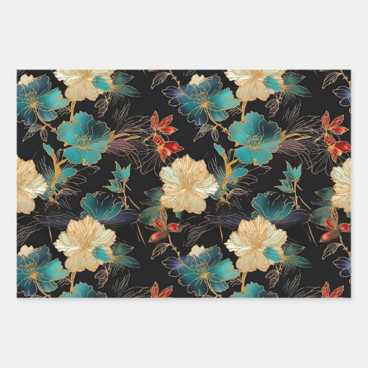 ティール（緑がかった色）、ブラック&クリームデコページの劇的なフローラ ラッピングペーパーシート (正面)