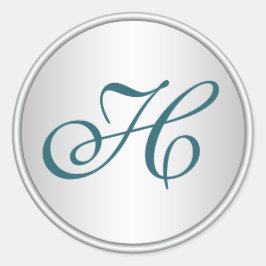 ティール（緑がかった色）・ブラック・シルバー・モノグラム結婚ズ・ステッカー ラウンドシール