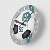 ティール(緑がかった色)·ブラック·チームがサッカーの色ストライプ彩を変える ラウンド壁時計 (傾斜)