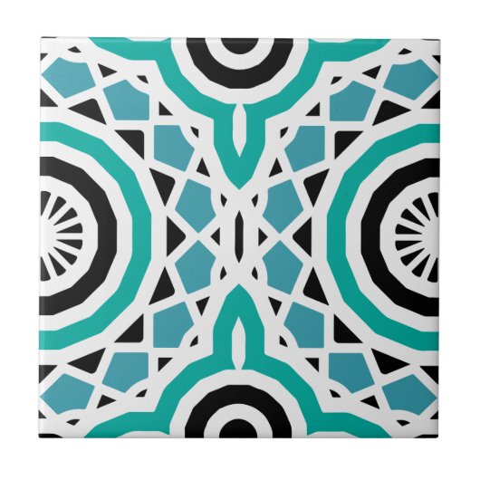 ティール(緑がかった色)ブラック&ホワイト部族の民族幾何学模様 タイル (正面)