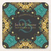 ティール(緑がかった色)ブラック+金ゴールドお祝い記念日 スクエアペーパーコースター (正面)
