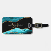 ティール(緑がかった色)ブラック&金ゴールドアガテ、DIYネーム&モノグラム ラゲッジタグ (正面横)