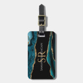 ティール(緑がかった色)ブラック&金ゴールドアゲート、DIYネームモノグラム&情報 ラゲッジタグ (正面縦)