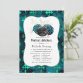ティール(緑がかった色)、ブラック、金ゴールドフローラの仮想ブライダルシャワー 招待状 (スタンド正面)
