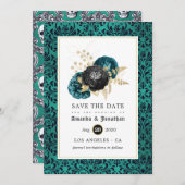 ティール(緑がかった色)、ブラック、金ゴールドフローラゴシック結婚ズ セーブザデート (正面/裏面)