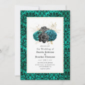 ティール（緑がかった色）、ブラック、金ゴールドフローラゴシック結婚ズ 招待状 (正面)