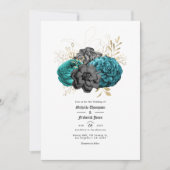 ティール（緑がかった色）、ブラック、金ゴールドフローラゴシック結婚ズ 招待状 (正面)