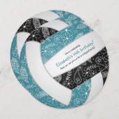 ティール(緑がかった色)ブラックwフローラルパターンボレーガールバースデー 案内状 (正面/裏面)