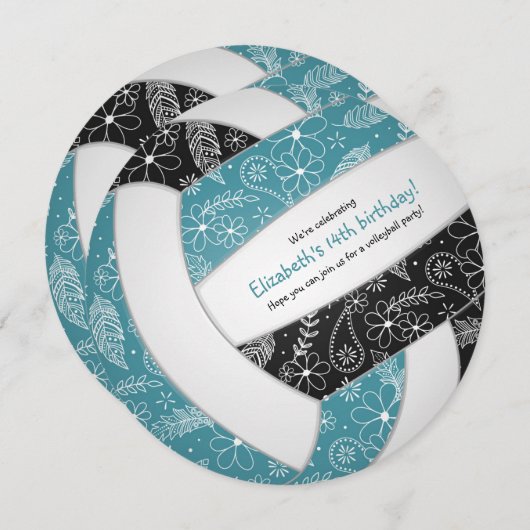 ティール（緑がかった色）ブラックwフローラルパターンボレーガールバースデー 案内状 (正面/裏面)
