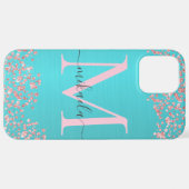 ティール(緑がかった色)ブラッシュド金属バラ金ゴールドグリッターモノグラム iPhoneケース (裏面横)