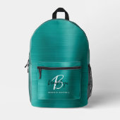 ティール(緑がかった色)ブラッシュメタル白黒モノグラム名 プリントバックパック (正面)
