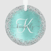 ティール（緑がかった色）ブラッシュメタル銀グリッターモノグラム名 オーナメント (裏面)
