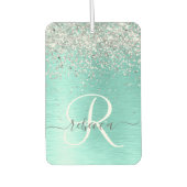 ティール（緑がかった色）ブラッシュメタル銀グリッターモノグラム名 カーエアーフレッシュナー (正面)