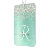 ティール（緑がかった色）ブラッシュメタル銀グリッターモノグラム名 カーエアーフレッシュナー (左)