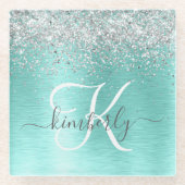 ティール（緑がかった色）ブラッシュメタル銀グリッターモノグラム名 ガラスコースター (正面)