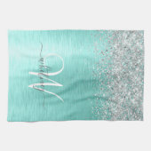 ティール（緑がかった色）ブラッシュメタル銀グリッターモノグラム名 キッチンタオル (横)