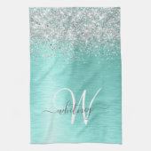 ティール（緑がかった色）ブラッシュメタル銀グリッターモノグラム名 キッチンタオル (縦)