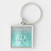 ティール（緑がかった色）ブラッシュメタル銀グリッターモノグラム名 キーホルダー (正面)