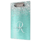 ティール(緑がかった色)ブラッシュメタル銀グリッターモノグラム名 クリップボード (左)