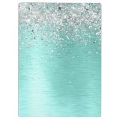 ティール(緑がかった色)ブラッシュメタル銀グリッターモノグラム名 クリップボード (裏面)