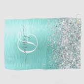 ティール(緑がかった色)ブラッシュメタル銀グリッターモノグラム名 ゴルフタオル (横)