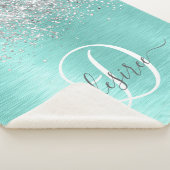 ティール（緑がかった色）ブラッシュメタル銀グリッターモノグラム名 シェルパブランケット (3/4)