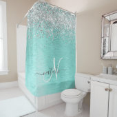 ティール（緑がかった色）ブラッシュメタル銀グリッターモノグラム名 シャワーカーテン (インサイチュ)