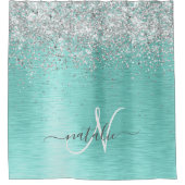 ティール（緑がかった色）ブラッシュメタル銀グリッターモノグラム名 シャワーカーテン (正面)