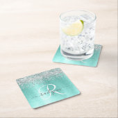 ティール（緑がかった色）ブラッシュメタル銀グリッターモノグラム名 スクエアペーパーコースター (インサイチュ)