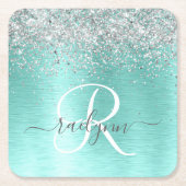 ティール（緑がかった色）ブラッシュメタル銀グリッターモノグラム名 スクエアペーパーコースター (正面)
