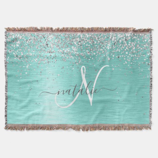 ティール（緑がかった色）ブラッシュメタル銀グリッターモノグラム名 スローブランケット (正面)