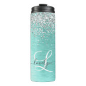 ティール(緑がかった色)ブラッシュメタル銀グリッターモノグラム名 タンブラー (正面)