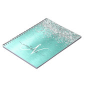 ティール(緑がかった色)ブラッシュメタル銀グリッターモノグラム名 ノートブック (左側)