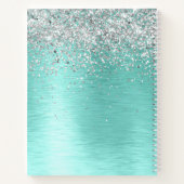 ティール(緑がかった色)ブラッシュメタル銀グリッターモノグラム名 ノートブック (裏面)