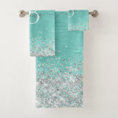 ティール(緑がかった色)ブラッシュメタル銀グリッターモノグラム名 バスタオルセット (インサイチュ)