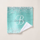 ティール(緑がかった色)ブラッシュメタル銀グリッターモノグラム名 バスタオルセット (ウォッシュタオル)