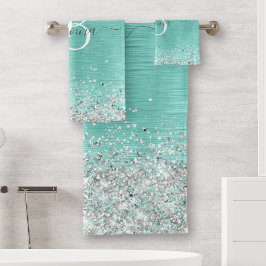 ティール（緑がかった色）ブラッシュメタル銀グリッターモノグラム名 バスタオルセット