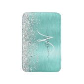 ティール（緑がかった色）ブラッシュメタル銀グリッターモノグラム名 バスマット (正面縦)