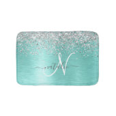 ティール（緑がかった色）ブラッシュメタル銀グリッターモノグラム名 バスマット (正面)