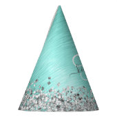 ティール（緑がかった色）ブラッシュメタル銀グリッターモノグラム名 パーティーハット (左)
