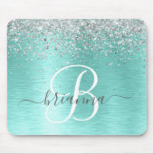 ティール（緑がかった色）ブラッシュメタル銀グリッターモノグラム名 マウスパッド (正面)