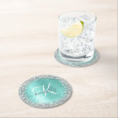 ティール(緑がかった色)ブラッシュメタル銀グリッターモノグラム名 ラウンドペーパーコースター (インサイチュ)