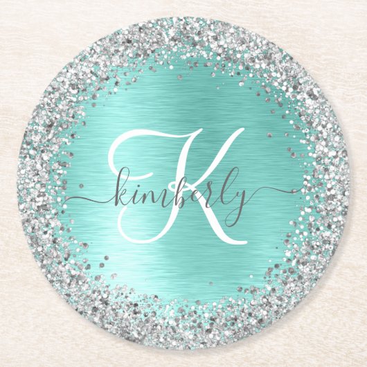 ティール(緑がかった色)ブラッシュメタル銀グリッターモノグラム名 ラウンドペーパーコースター (正面)