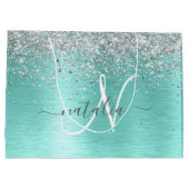 ティール(緑がかった色)ブラッシュメタル銀グリッターモノグラム名 ラージペーパーバッグ (裏面)