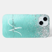 ティール（緑がかった色）ブラッシュメタル銀グリッターモノグラム名 Case-Mate iPhoneケース (裏面 (横))